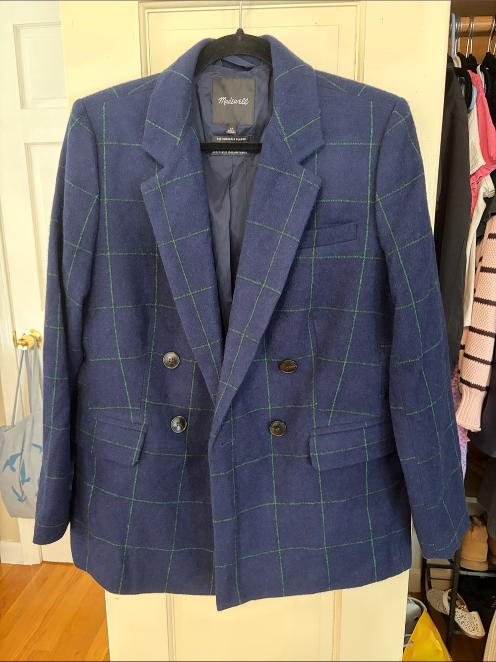 Madewell Double-Breasted Blue Blazer with Green Windowpane
